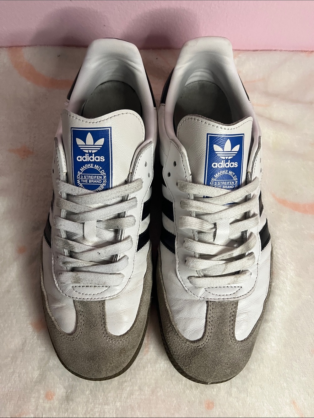 adidas White Sneakers with Black Stripes and Gray Suede Toe